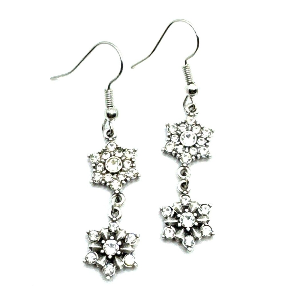 Brighton Arctica 2-Snowflakes Dangle Crystals Holiday Winter Silver Earrings